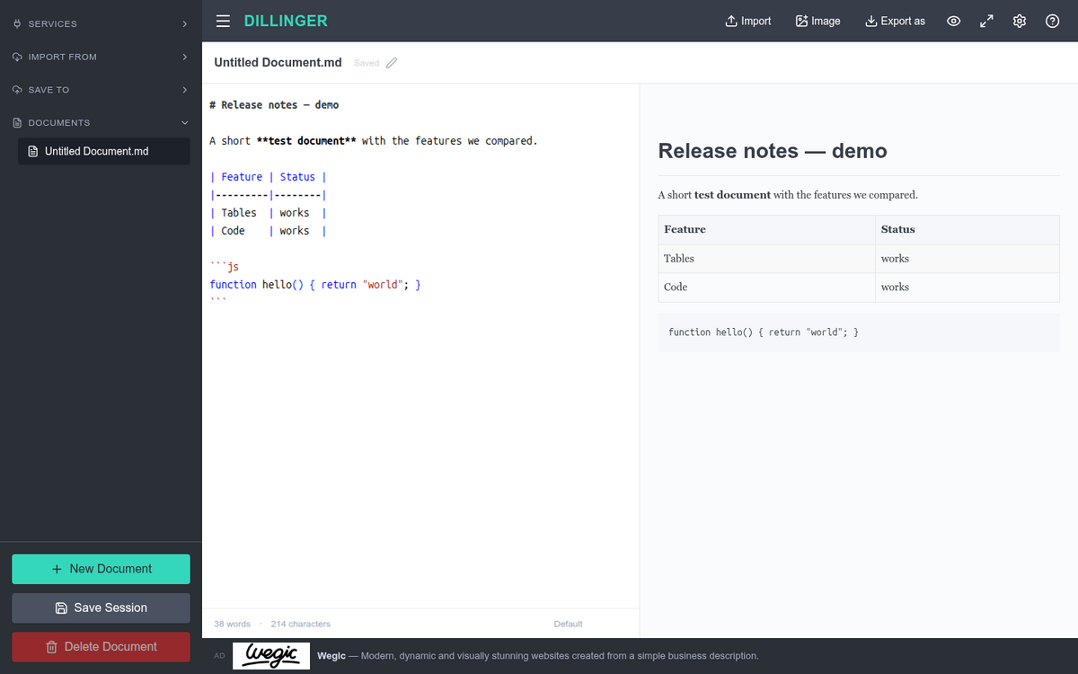 Dillinger online Markdown editor rendering our test document with a table and code block in split view
